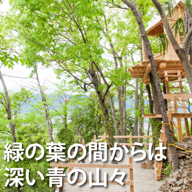 新緑の間から青い山々